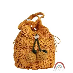New! J. Crew Small Handknotted Faux Raffia Bucket Bag with Crochet Cherries